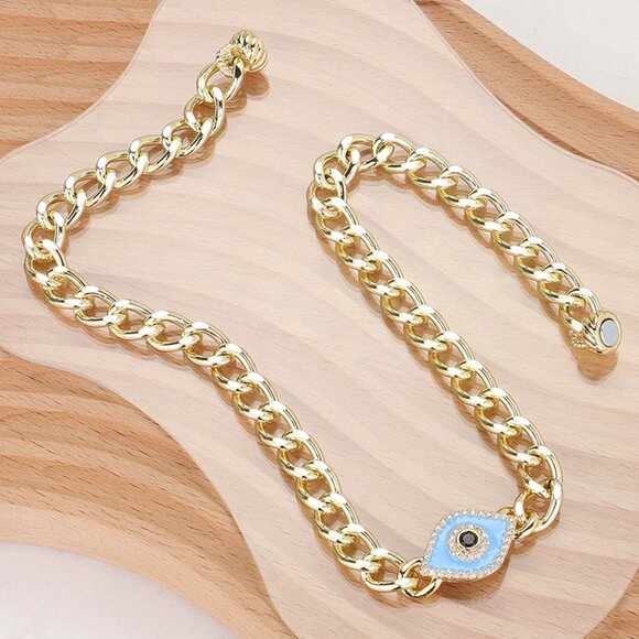 14K Gold Plated CZ Stone Paved Enamel Evil Eye Pendant Cuban Chain Necklace